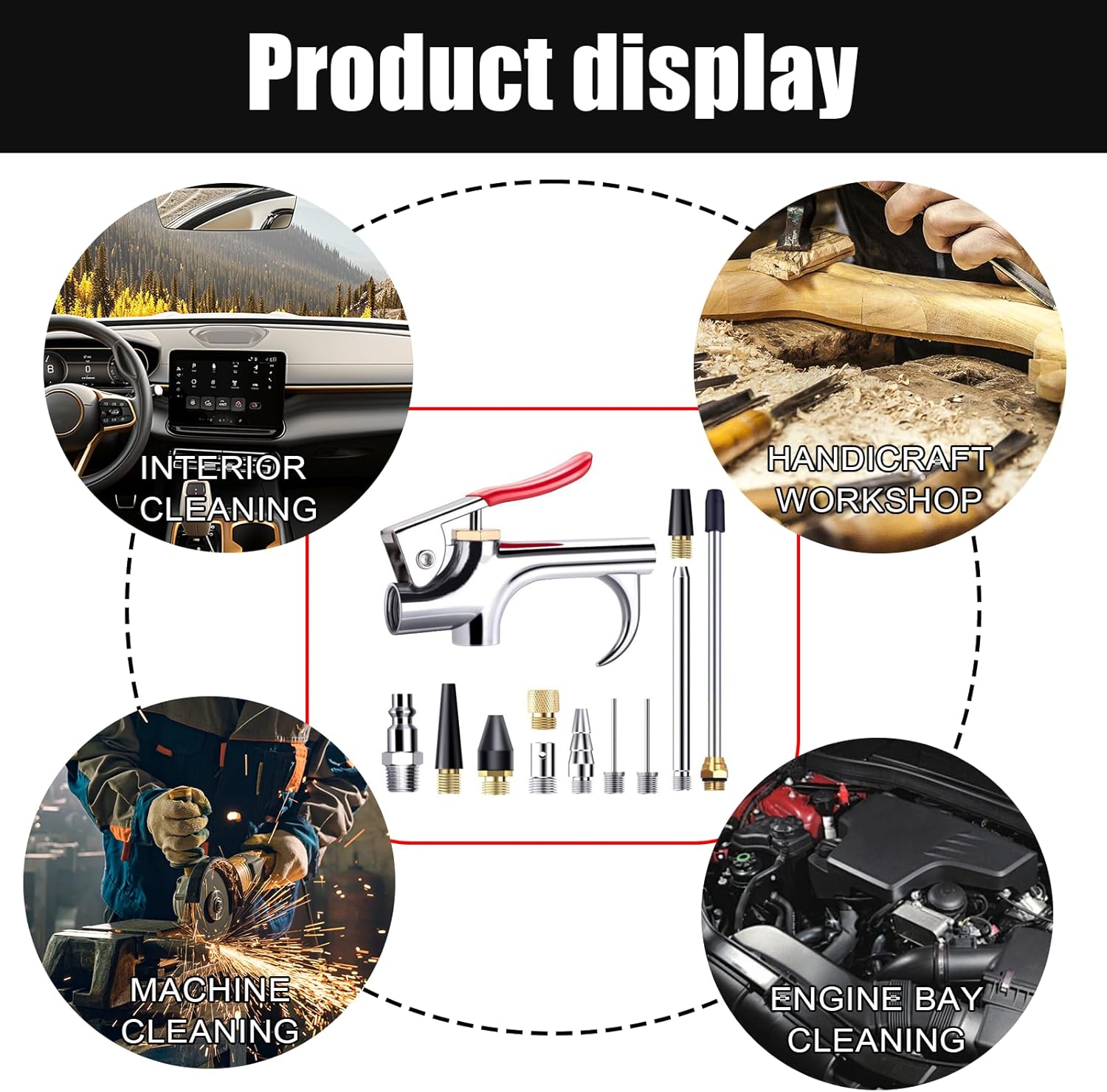 ZIMISI 2-Way Connection Air Nozzle Blow Gun Kit, Air Compressor Accessory with 1/4'' Standard Quick Fitting & 8 Interchangeable Nozzle, Blow Gun for Dedusting, Inflation, Cleaning (13PCS)