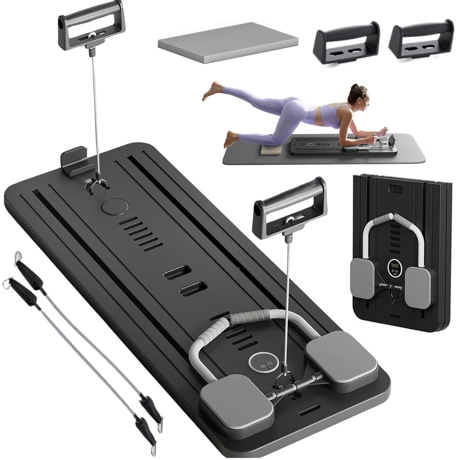 ExeractFit Pilates Reformer Machine Board Set Ab Roller Exercise Wheel Automatic Rebound Foldable Pilates Board Abdominal Exercise Equipment with Resistance Rope and Timer