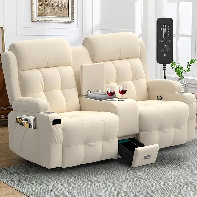 Wall Hugger Reclining Loveseat with Massage, USB Ports & Storage - Beige