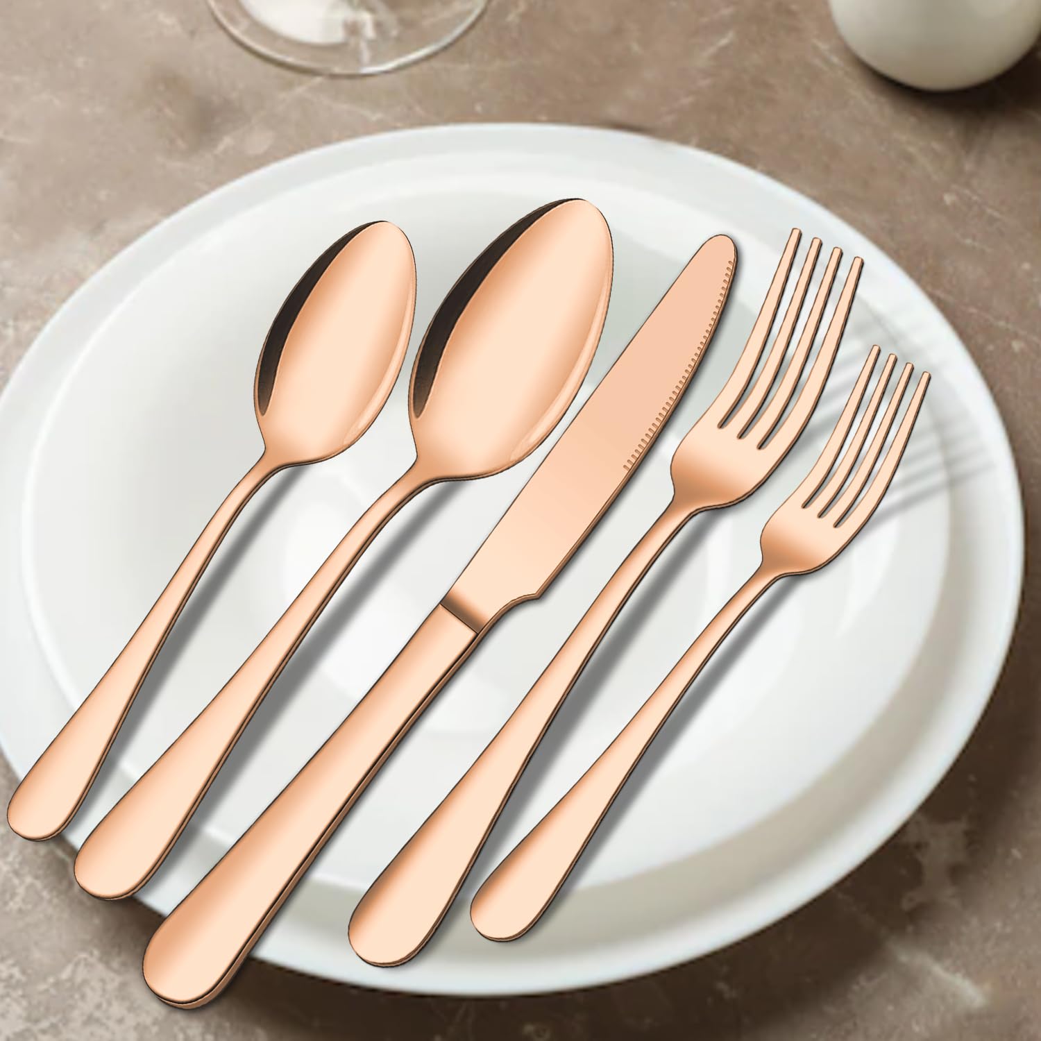 ENLOY - Juego de cubiertos de cobre mate de 20 piezas, juego de cubiertos de acero inoxidable dorado rosa para 4, juego de utensilios de cocina para 4, incluye cuchara, tenedor y cuchillo, pulido con