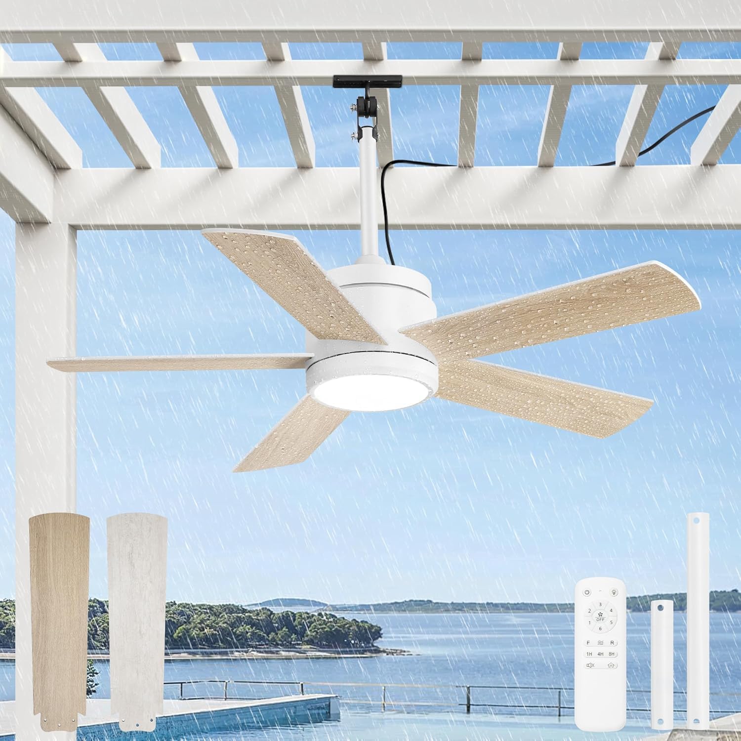 Ventilateur Plafond 106CM avec Lumiere IP65 Étanche Dimmable Télécommande Silencieux pour Intérieur Extérieur