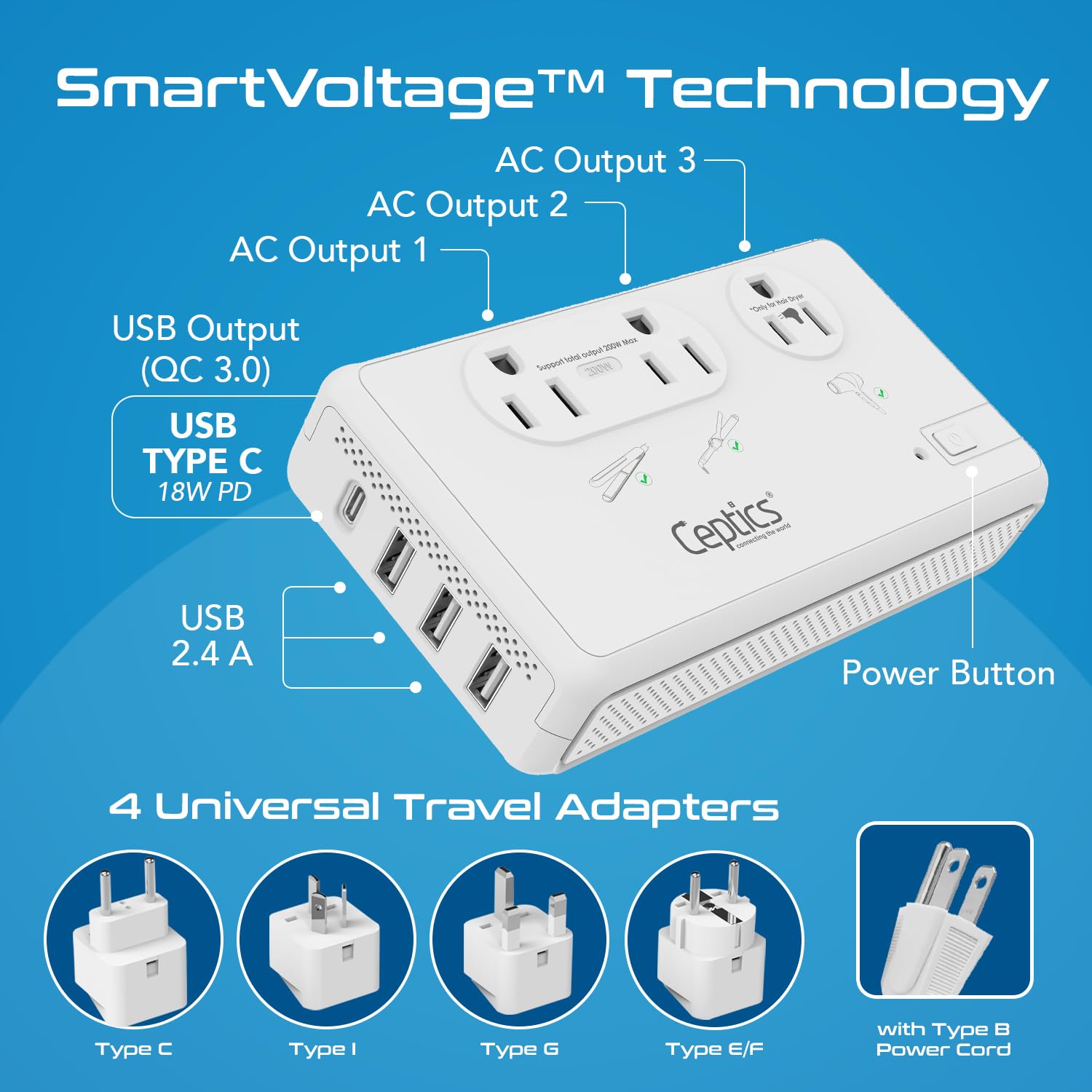 Ceptics - Convertitore di tensione da viaggio, convertitore da 220 V a 110 V con tipo C, E/F, G, prese I, uscita da 2000 W per asciugacapelli, 4 USB con 1 USB-C PD da 18 W a ricarica rapida, per
