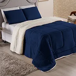 Coberdrom Para Cama Queen com Pele de Carneiro Sherpa Cobertor Edredom Feludo Macio para Noites Frias (Azul Marinho, Queen)