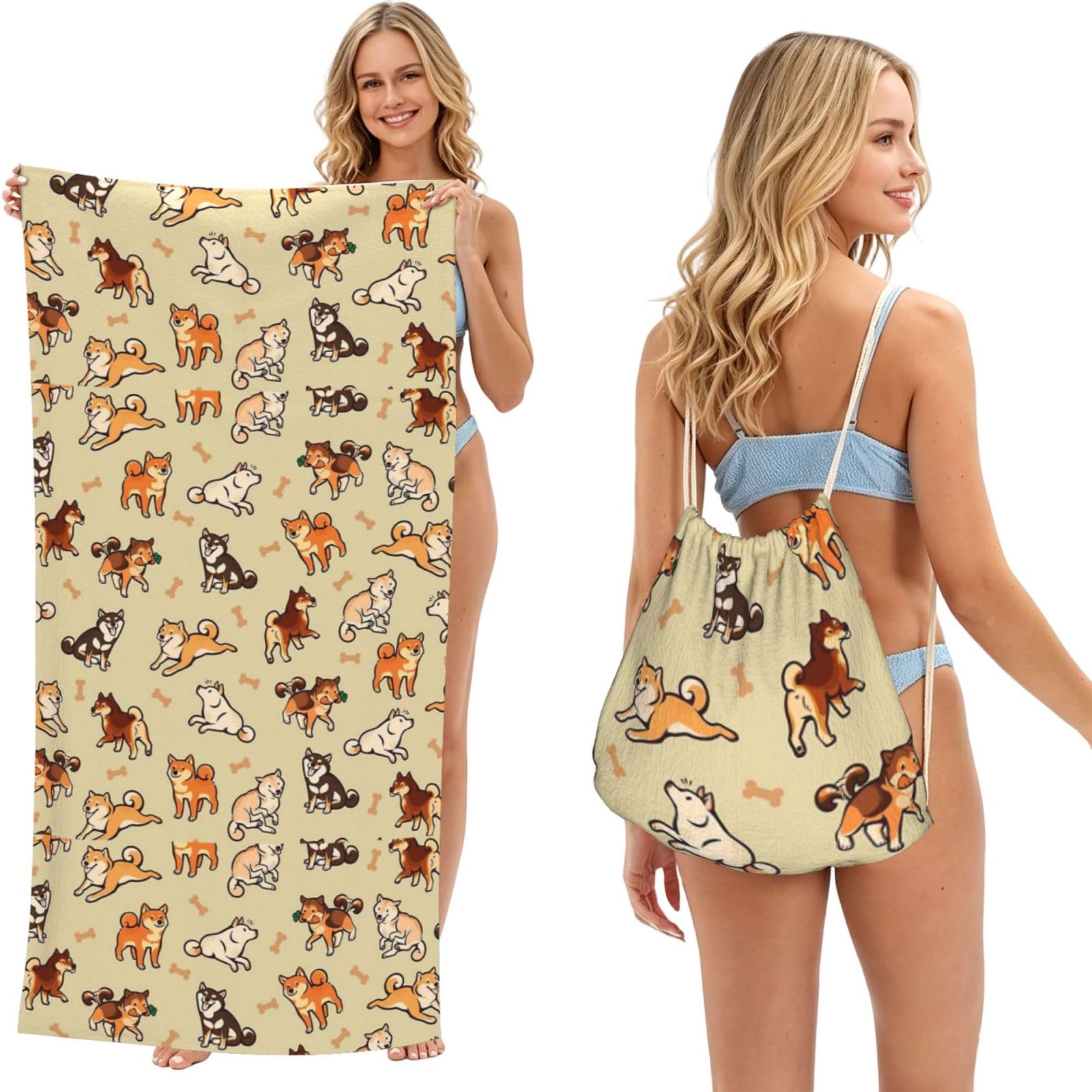 Poadnly As Picture Shiba Inu Cream, 2 In 1 Packable Towel Bag, Beach Towels With Drawstring Backpack For Travel Holiday Camping