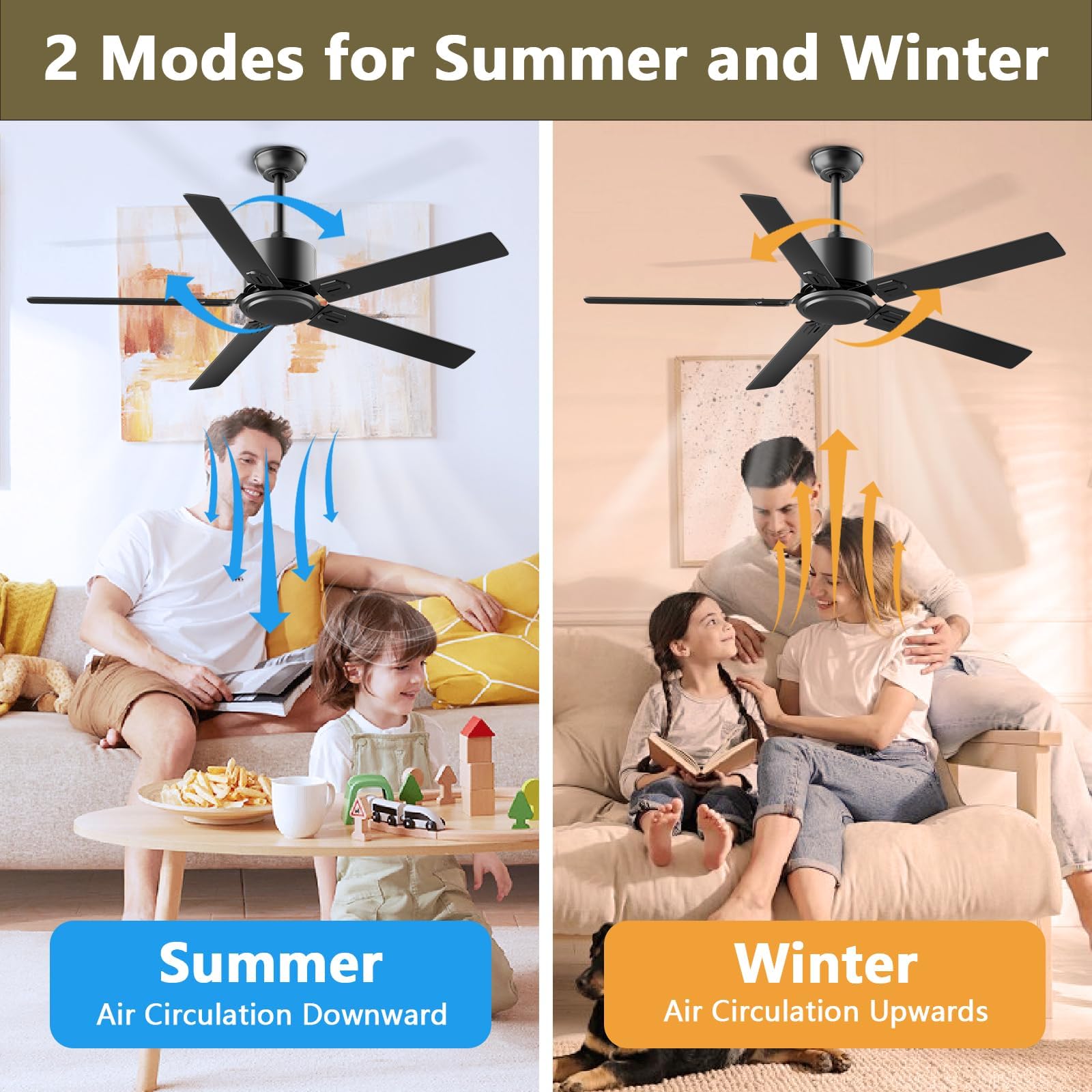 Obabala Ventilatore da soffitto per patio, soggiorno, camera da letto, stile moderno, in legno, 5 pale, 106,7 cm, nero, con telecomando, senza luce, nessun rumore, reversibile