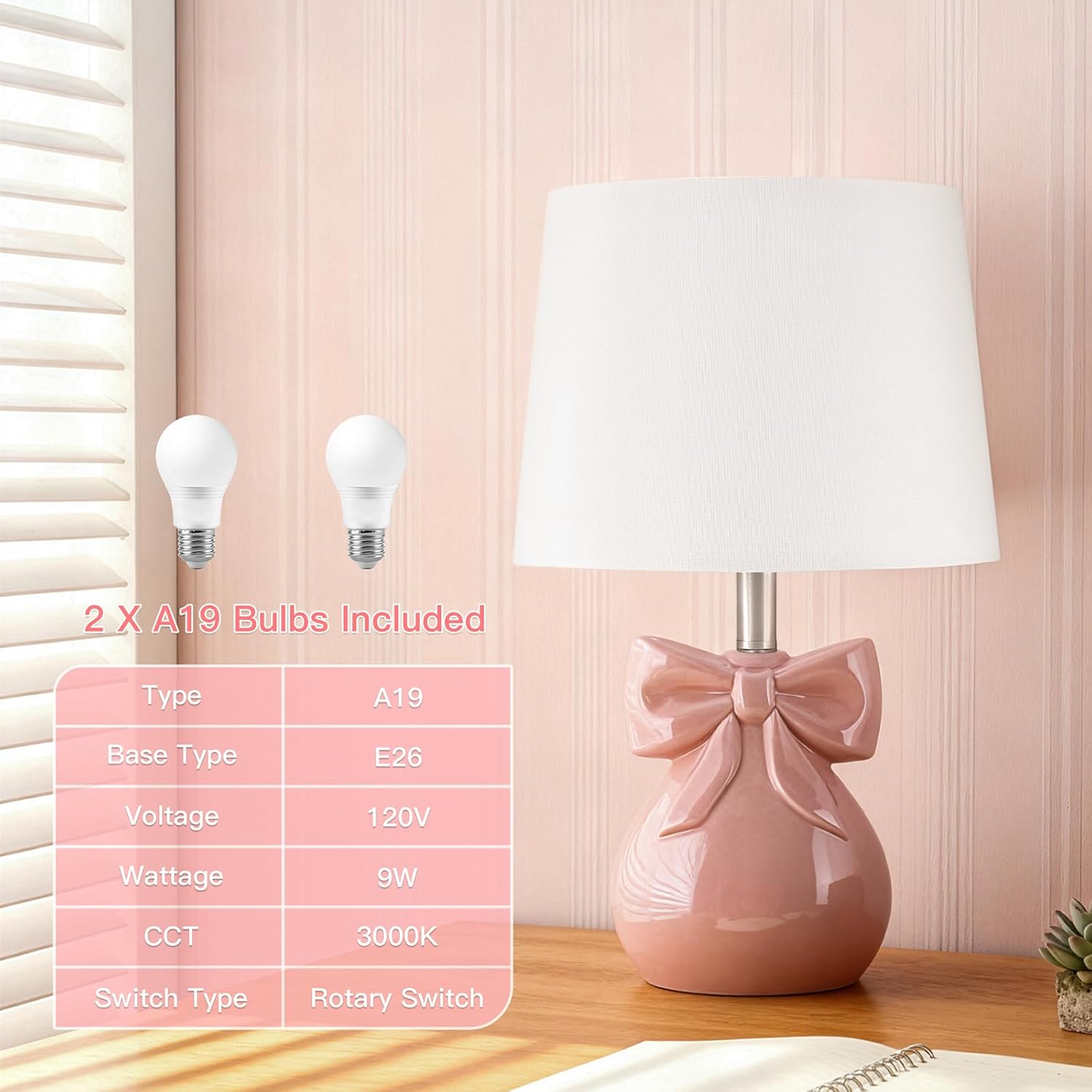 Pink Bow Table Lamps Set of 2 for Girl's Room, 19" Ceramic Cute Lamps for Bedroom, Classic Bedside Lamps for Nightstand, Modern Table Lamp for Living Room with Rotary Swtich (Bulbs Included)