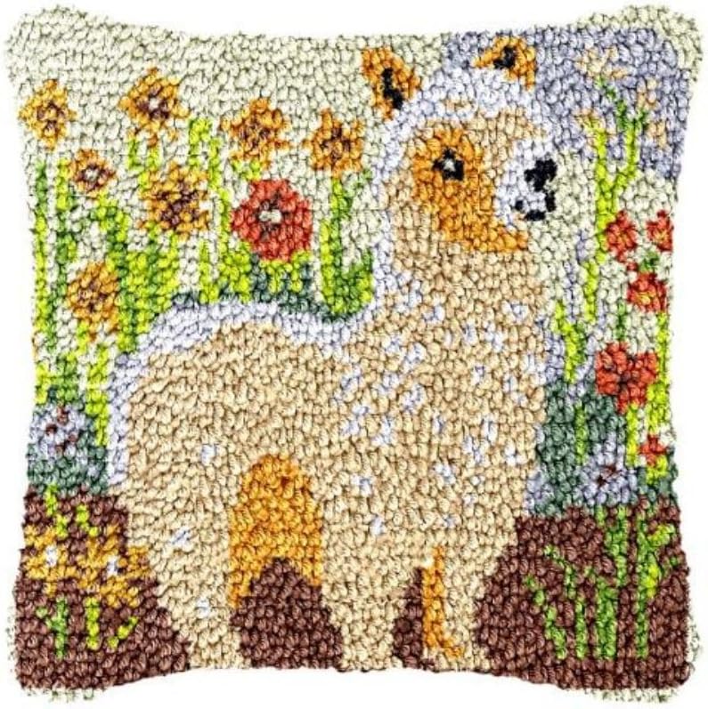 Latch Hook Kits Pillow Cover for Beginner Cute White Alpaca Color Printed Canvas Yarn Crocheting Carpet Cushion Embroidery Hook and Latch Pillowcase Sofa Decoration 43x43cm 12
