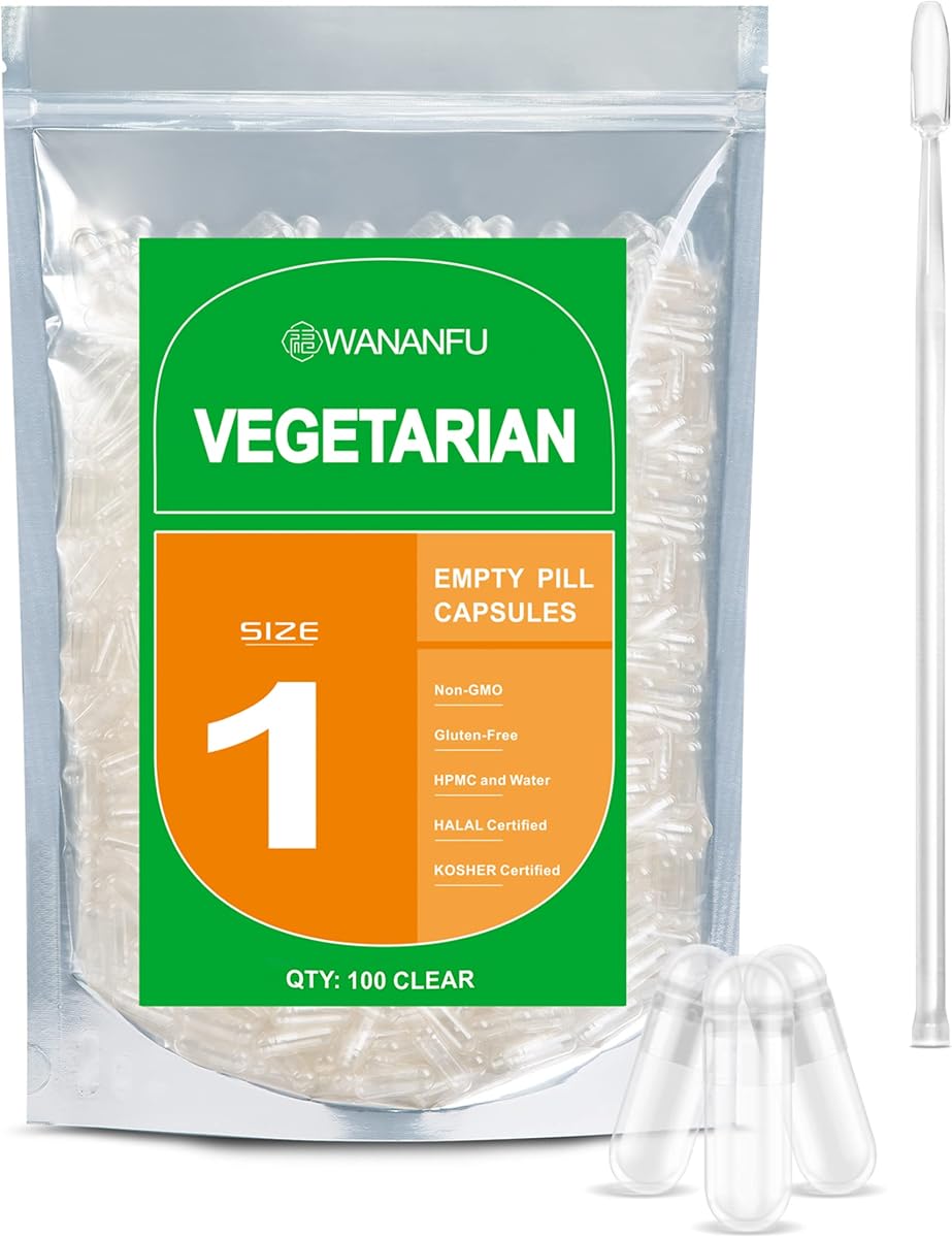 wananfu Size 1 Empty Capsules Vegetarian (100 Count) Bundle with Micro Lab Spoon, Clear Fillable Veggie Pill Capsules Size 1 for Making Your Own Supplements