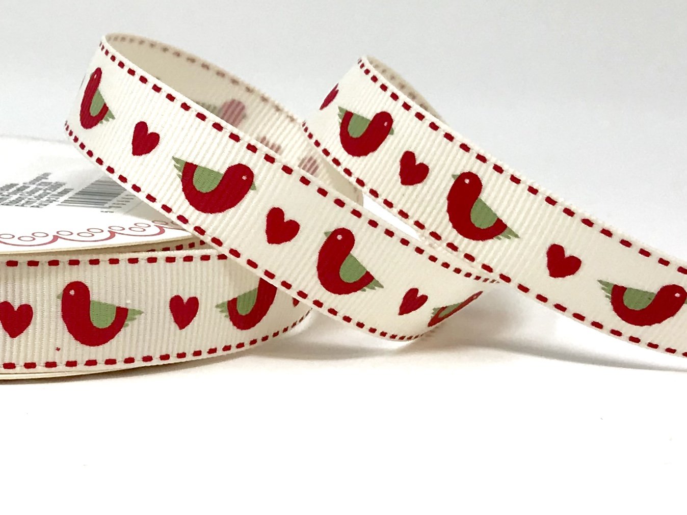 Bertie's Bows Ivory Red Love Bird Print 16Mm Grosgrain Ribbon On A 3M Roll