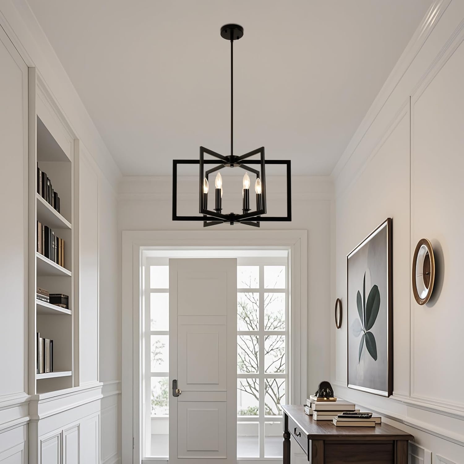 6-Light Black Chandelier Dining Room Light Fixture Geometric Metal Modern Industrial Pendant Lights Kitchen Island, Farmhouse Chandelier Lighting for Entryway Stairway Foyer Hallway