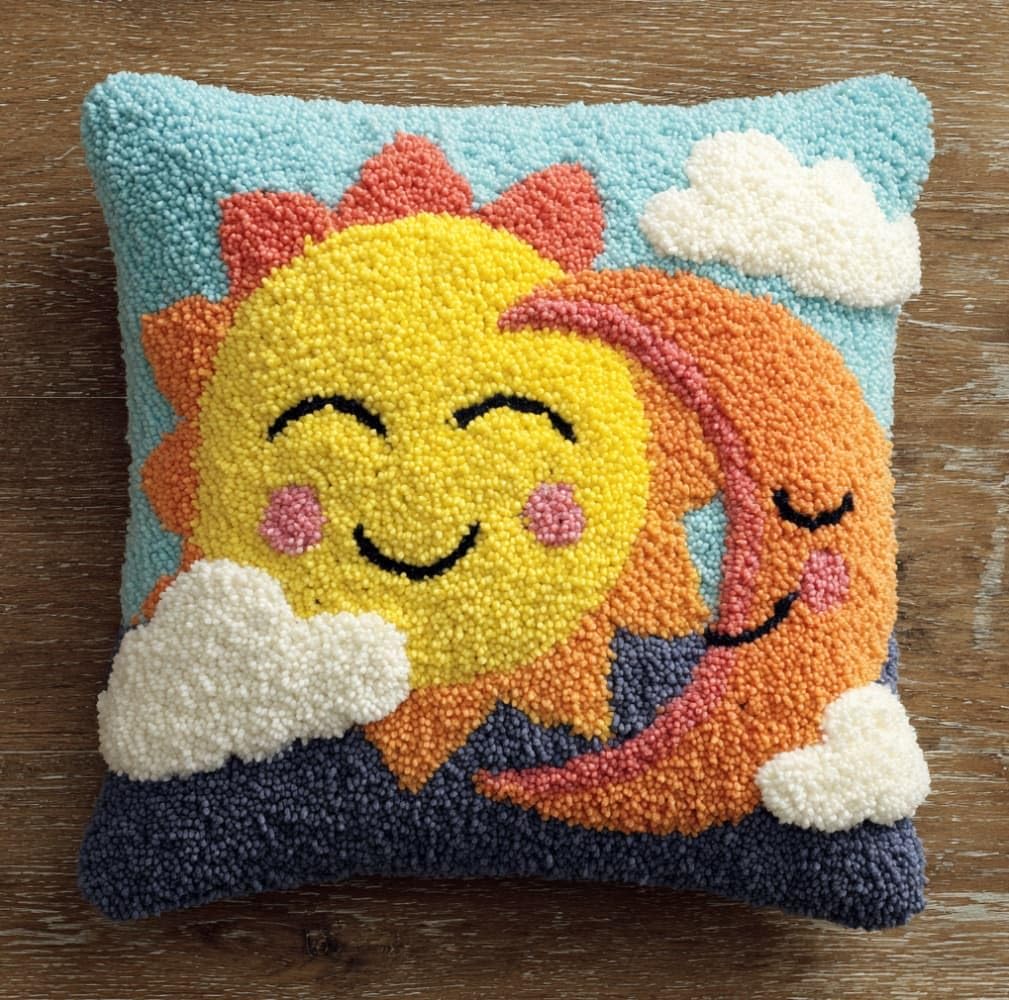 Henypt DIY Latch Hook Kit 43x43cm / 17x17 Inch,Smiling Sun and Moon Complete Crochet Rug Kit with Yarns & Hook,Creative Needlework Gift for Family