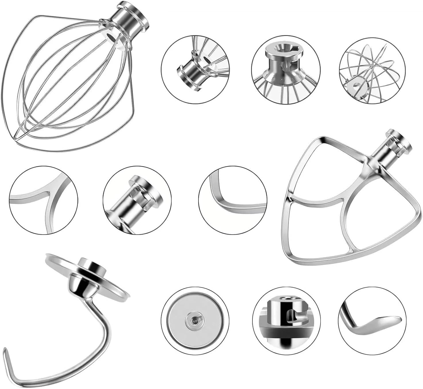 Stand Mixer Attachments 3-Piece (Flat Beater, Dough Hook,Whip Attachment) For 4.5-5 Quart Bowl