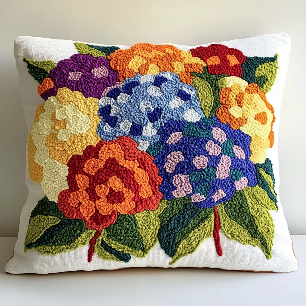 DIY Punch Needle Pillow Kit Hydrangea Flowers with Pattern and Hoop Handmade Embroidery Punch Needle Starter Pillowcase Set for Home Sofa Decor 43x43cm-1-4