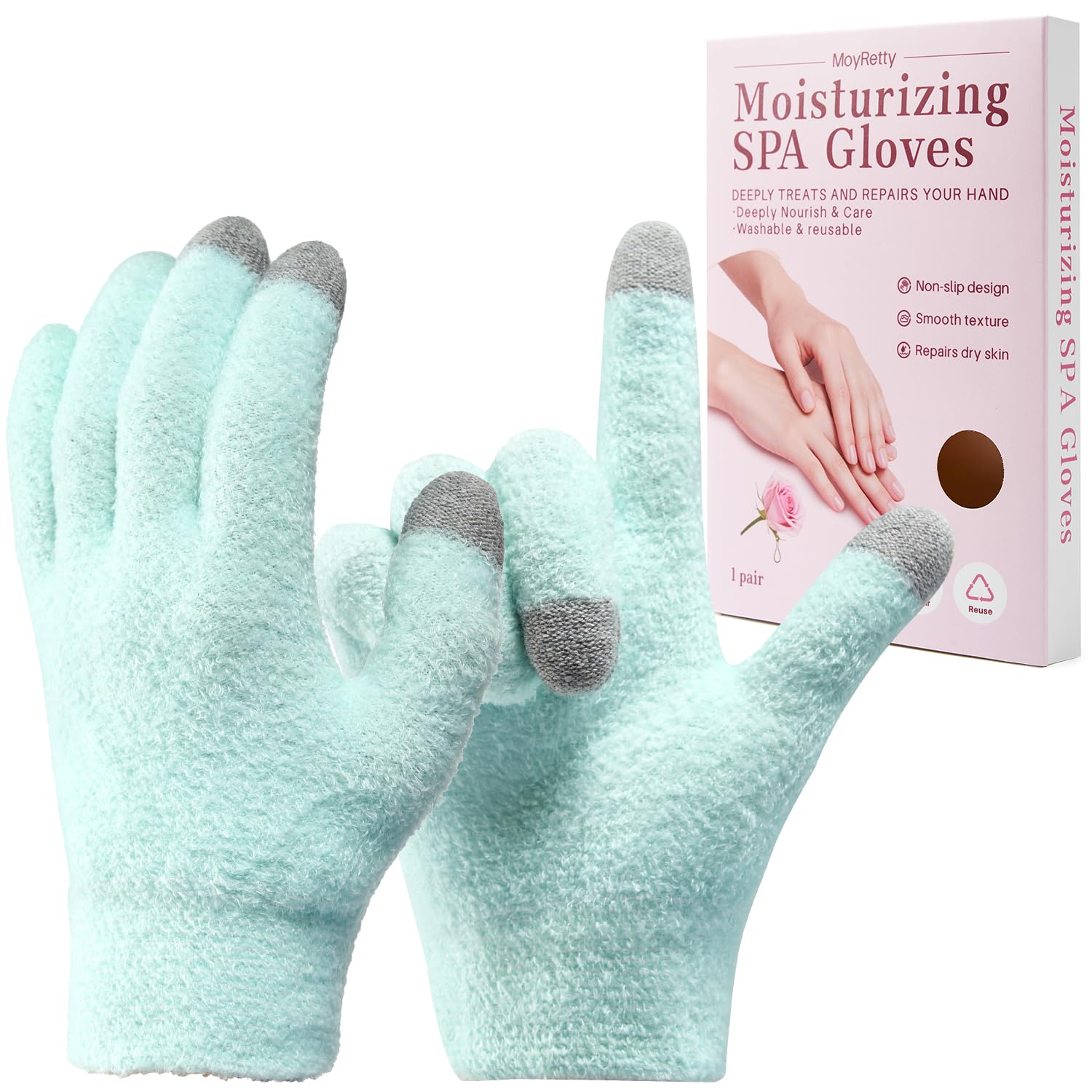 MoyRetty Touchscreen Silicone Moisturizing Gloves for Dry Hands Overnight, Reusable Hand Spa Gloves with Vitamin E & Jojoba Oil(Green) One Size Fits Most