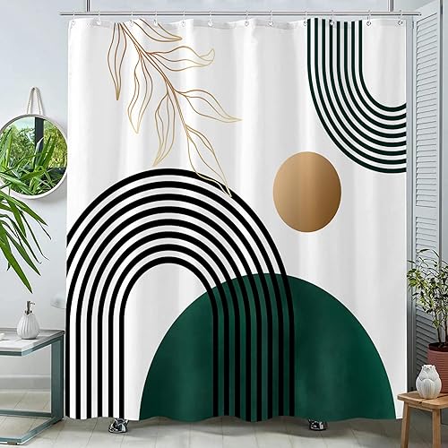 Miniatura 10 de Aipon Cortina de ducha verde de mediados de siglo para baño, cortina de ducha abstracta bohemia de tela moderna impermeable para baño con 12 ganchos