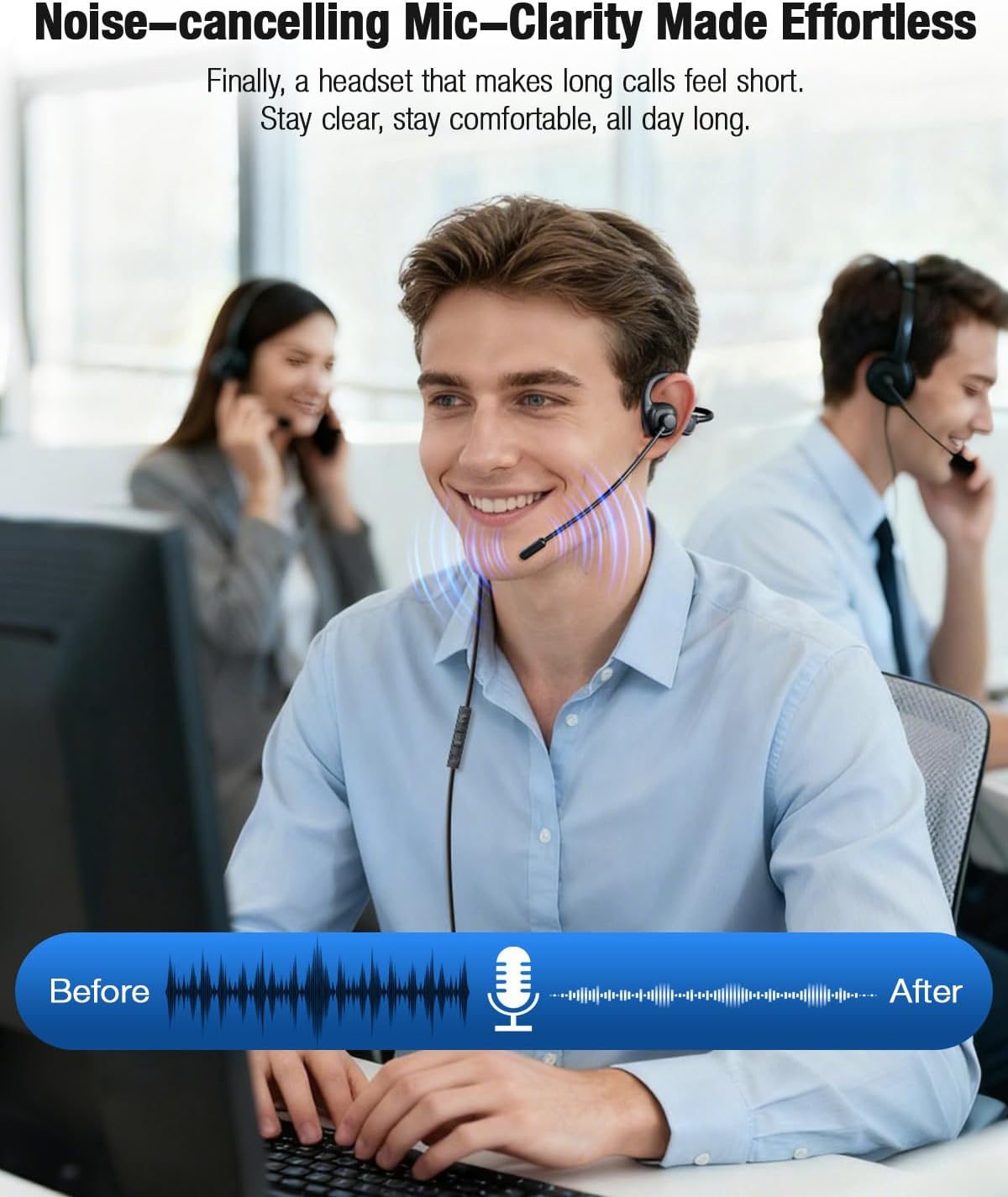 Open Ear Headphones with Mic, Dual-Mode Wireless Bluetooth 5.4+ USB-C Wired Headset, Bluetooth Headphones with 20Hrs Battery, Noise Cancelling Mic, Hi-Fi Stereo Sound Headphones for Driving,Work,Sport