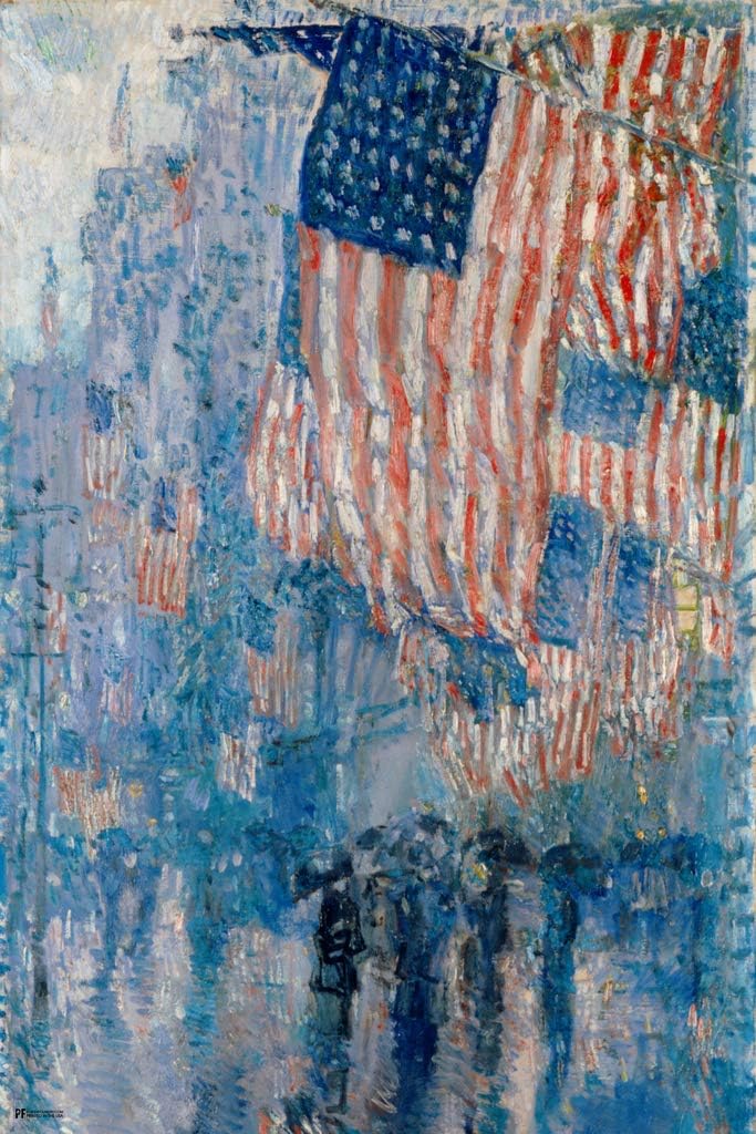 Laminated Avenue In Rain Childe Hassam 1917 Vintage American Flags Painting Historical Patriotic Oval Office USA United States Poster Dry Erase Wall Art 24x36