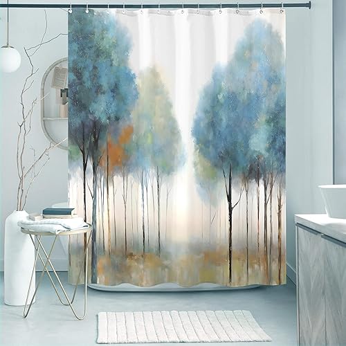 Miniatura 5 de Cortina de ducha de tela con diseño de árbol azul, cortinas de ducha de tela, juego de decoración de baño con 12 ganchos, árbol azul, 72 x 72