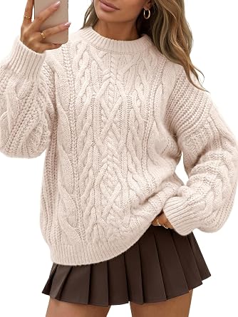 Trendy Queen Women Fall Oversized Cable Knit Chunky Sweater Long Sleeve Top