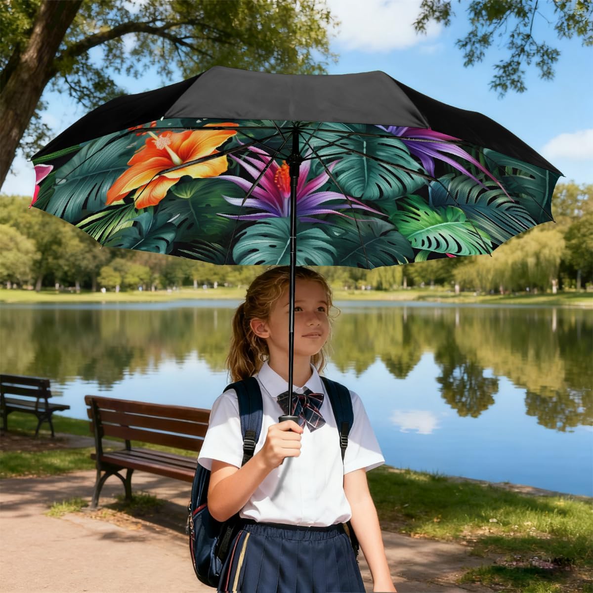 Colorful Palm Leaves Flowers Folding Umbrella Windproof Compact Lightweight Travel Umbrella with 8 Reinforced Ribs, Portable UV Sun & Rain Protection for Men & Women