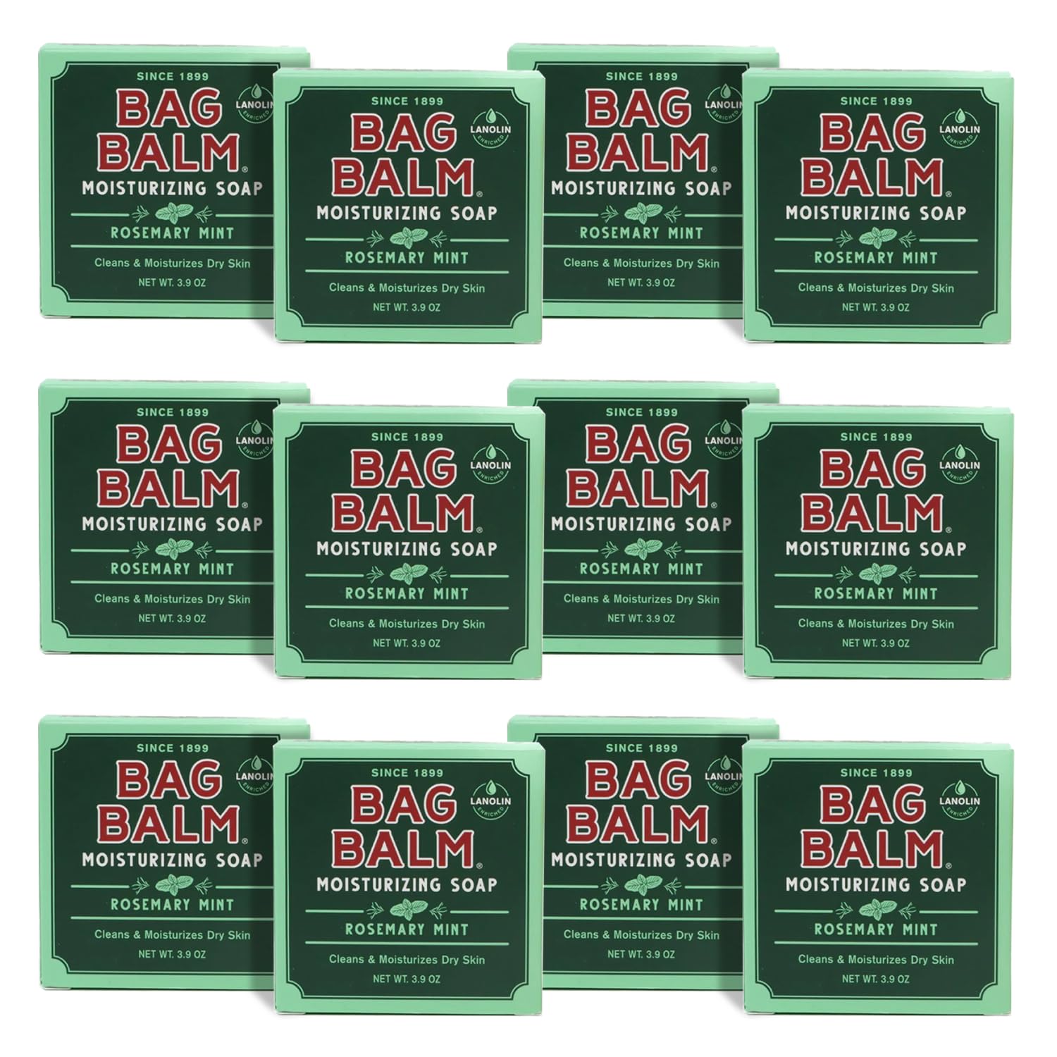 Bag Balm Vermont's Original Mega Moisturizing Soap Bar, Body Soap, Hand Soap for Dry Skin - Rosemary Mint Scented Bars of Soap - 3.9oz, 12 Pack