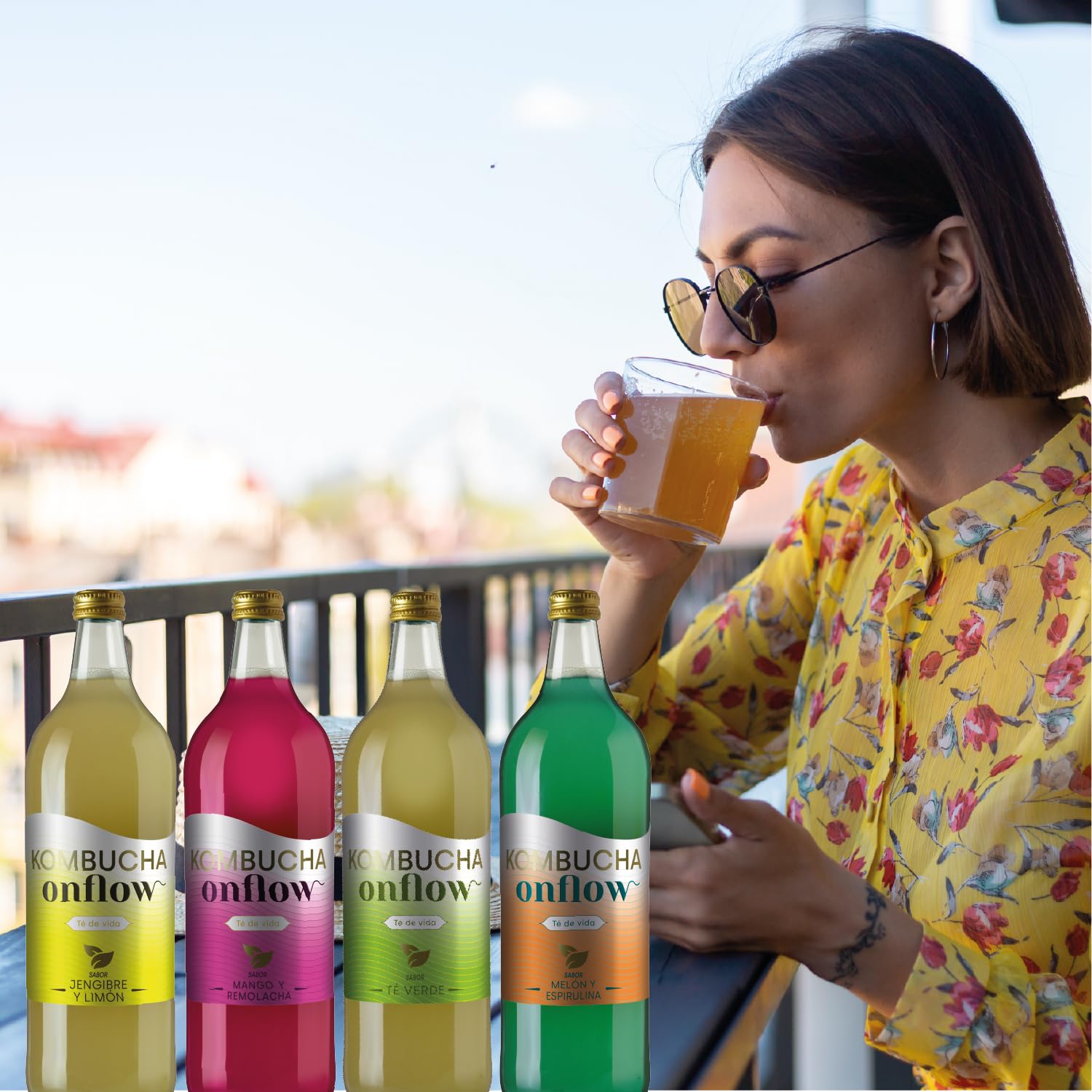 Kombucha Natural Onflow Sin Azúcar Pack 4 Botellas 1L Sabores Jenjibre-Limón Té Verde Mango-Remolacha Melón-Espirulina