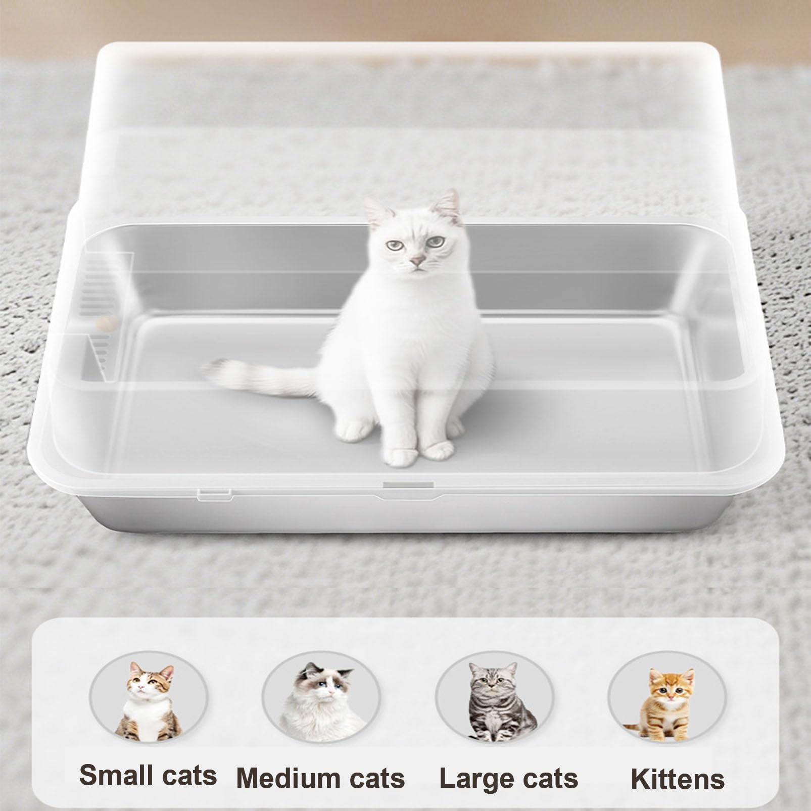 Arenero para Gatos de Acero Inoxidable XXL Caja de Arena para Gatos Grandes Arenero con Tapa Laterales Altos, Bandeja de Arena Cerrada de Metal con Pala y Rascador