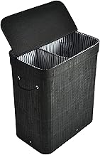 AUMA Divided Bamboo Laundry Hamper, 100L Two-section Foldable Storage Basket, Dirty Clothes Storage Sorter with Lid, Handles, Removable Liner, Rectangular, Easily Assemble- Black