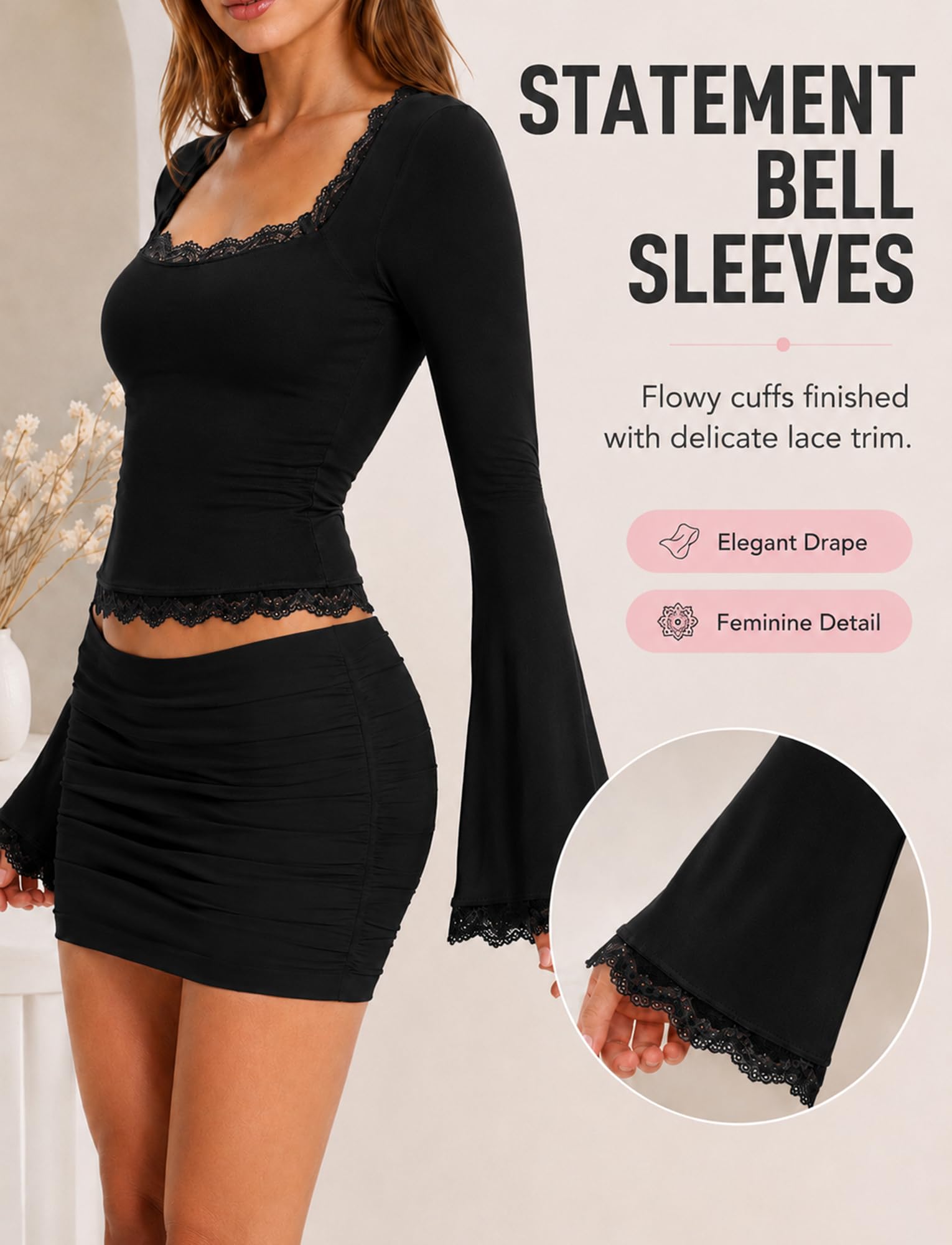 Donna Top Elegante Pizzo Camicia Maniche Lunghe Corna Blusa Scollo a Regno Sexy Cerimonia Feste Festival XS-XL