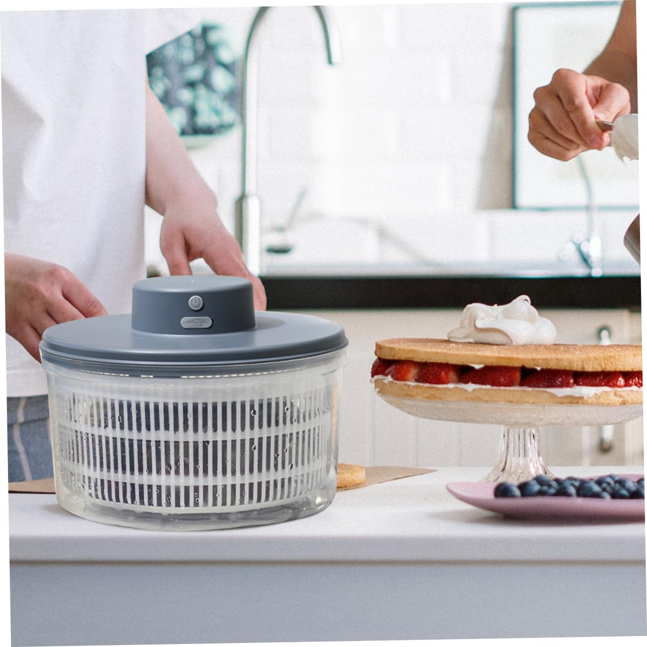 PRETYZOOM Electric Salad Dryer and Vegetable Dehydrator Grey Drain Basket Adjustable Speed for Home Cooking and Meal Prep