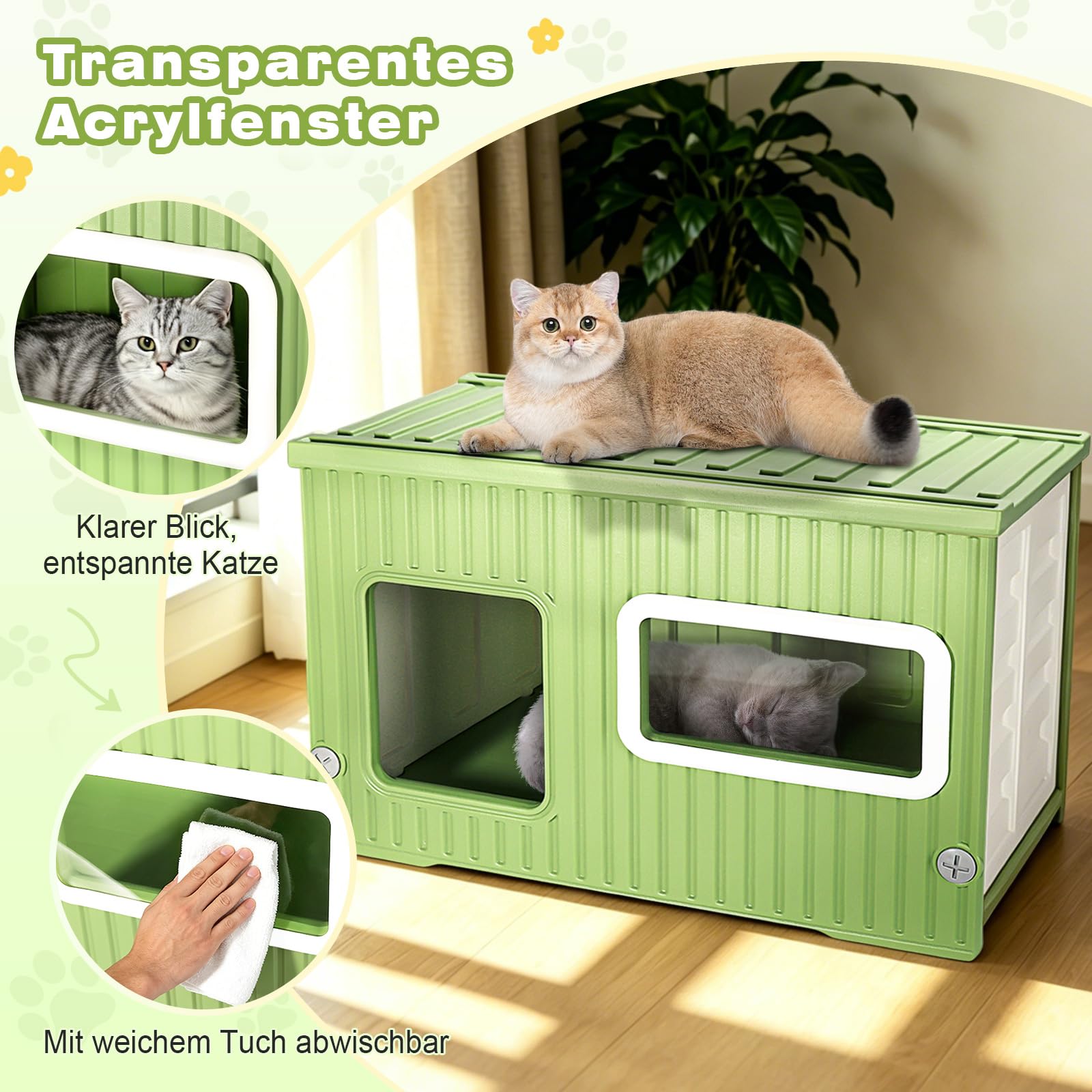 Katzenhaus Outdoor & Indoor Wetterfest – Stapelbare Katzenhöhle aus Kunststoff mit Acrylfenster, moderner Katzenunterstand für Balkon & Garten, für Katzen, kleine Hunde & Kleintiere (56×38,5×36,5 cm)