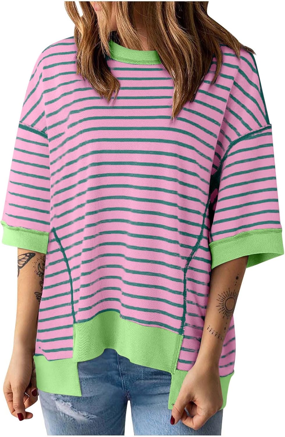 Women Summer Tops Casual Crewneck Short Sleeve Sweatshirt Striped Color Block Trendy Pullover Knitted T Shirts Blouse