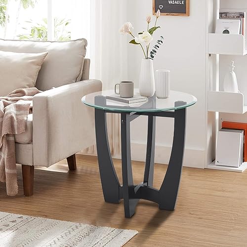 Miniatura 2 de LKTART Mesa auxiliar de cristal, mesas auxiliares redondas de 23.5 pulgadas con parte superior de vidrio templado y base de madera maciza, mesita de