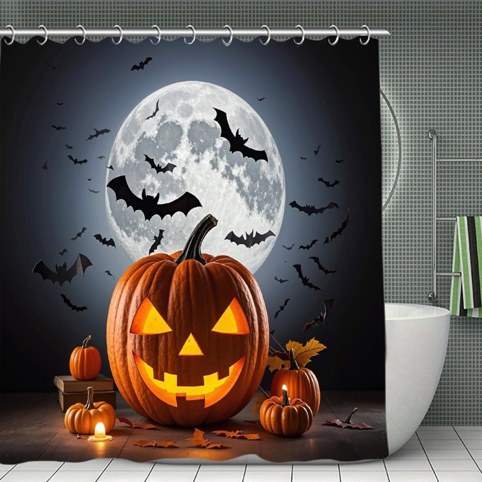 FekiLoot Halloween Moon Bat Pumpkin Shower Curtain Minimalist Thick Bathroom Curtain Washable Modern Bathroom Shower Curtain Heavy Duty Waterproof Cloth Bath Curtain with Hooks 70.8"x70.8"