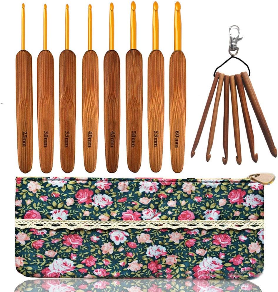 Bamboo & Aluminum Crochet Hooks Knitting Needles Ergonomic Bonus Mini Keychain Crochet Hook in Case,Best Gift