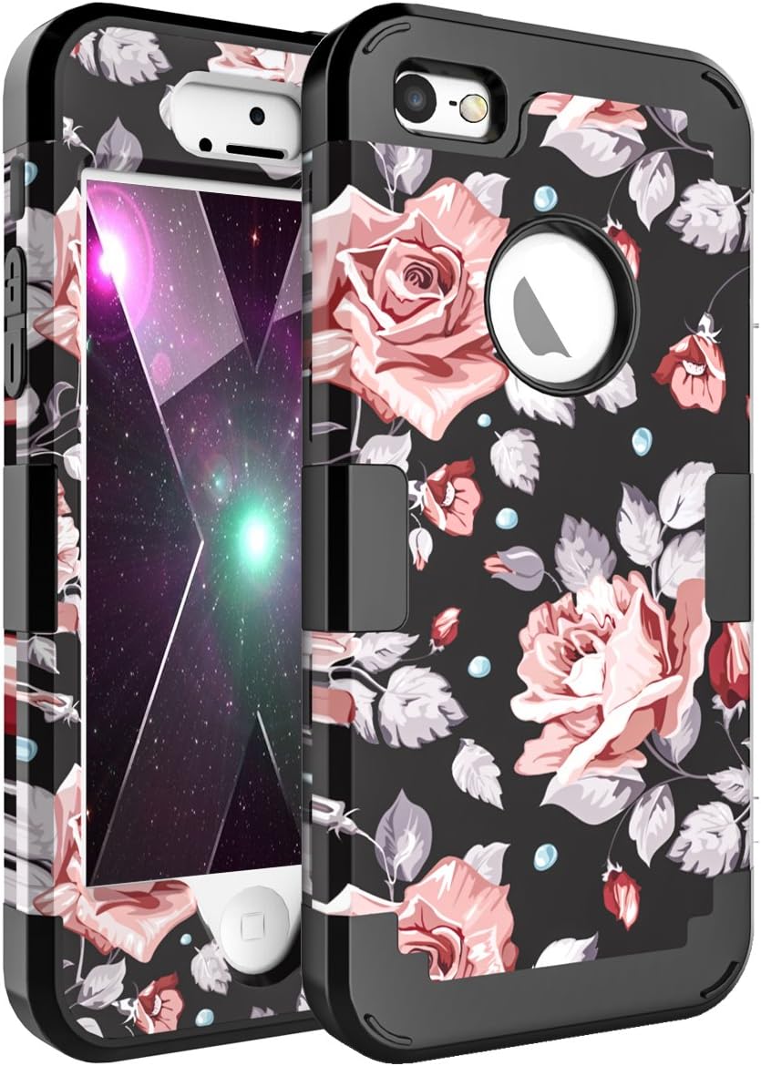 OBBCase iPhone SE Case,iPhone 5S Case,iPhone 5 Case,Three Layer Heavy Duty Hybrid Sturdy Armor High Impact Resistant Protective Cover Case for iPhone SE/5S/5 Rose Flower/Black