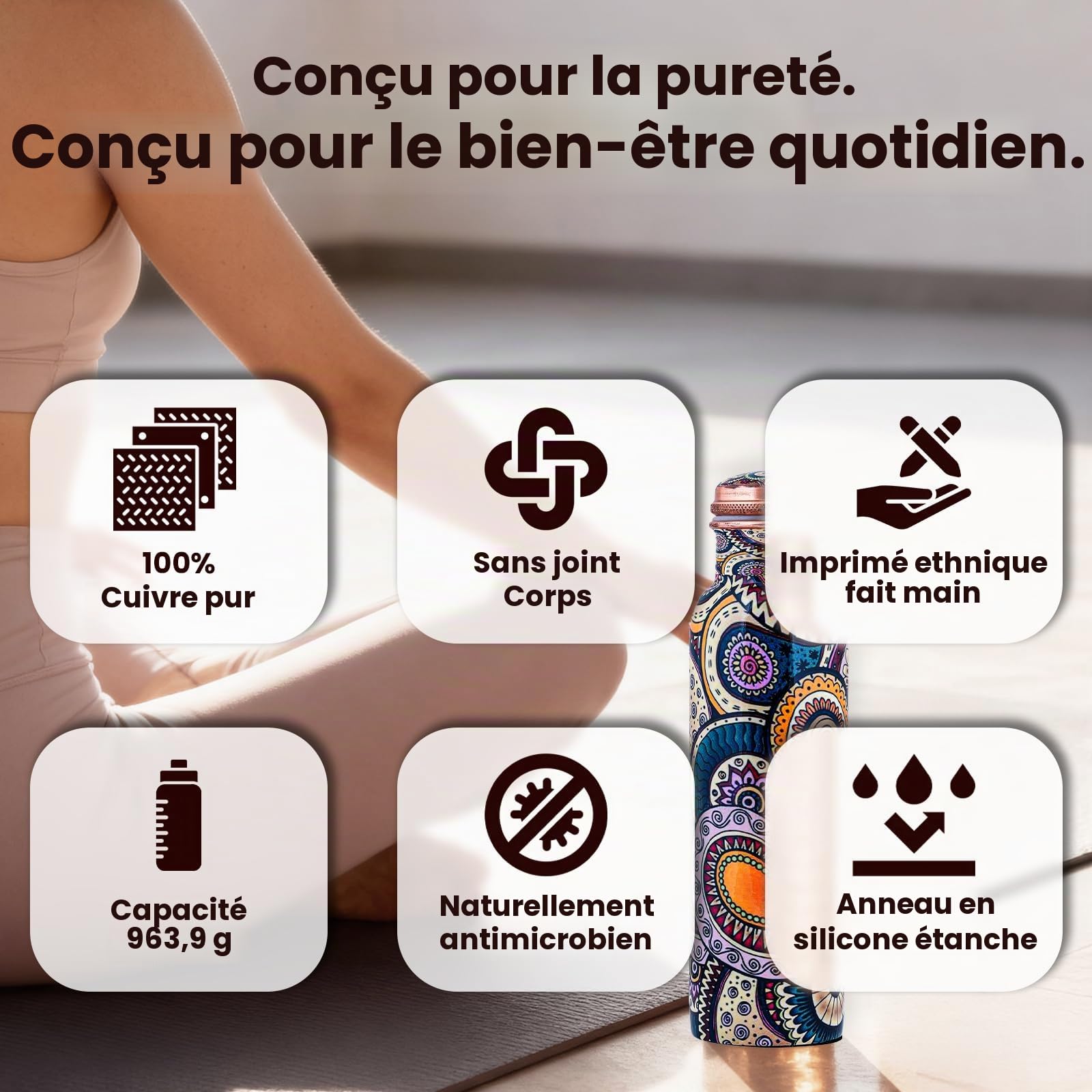 Bouteille en cuivre imprimée couvercle et sac de transport sans BPA anti-fuite renforce l'immunité soutient la digestion inspiré de l'Ayurveda 963,9 g