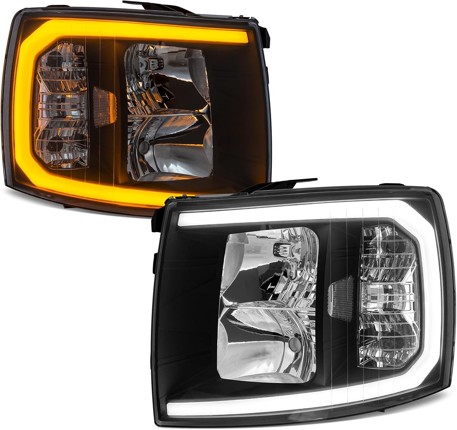 for 2007-2014 Chevy Silverado 1500 2500HD 3500HD Sequential Headlight Assembly Turn Signal Headlamp Driver and Passenger Side Clear Lens Chrome Housing Amber Reflector