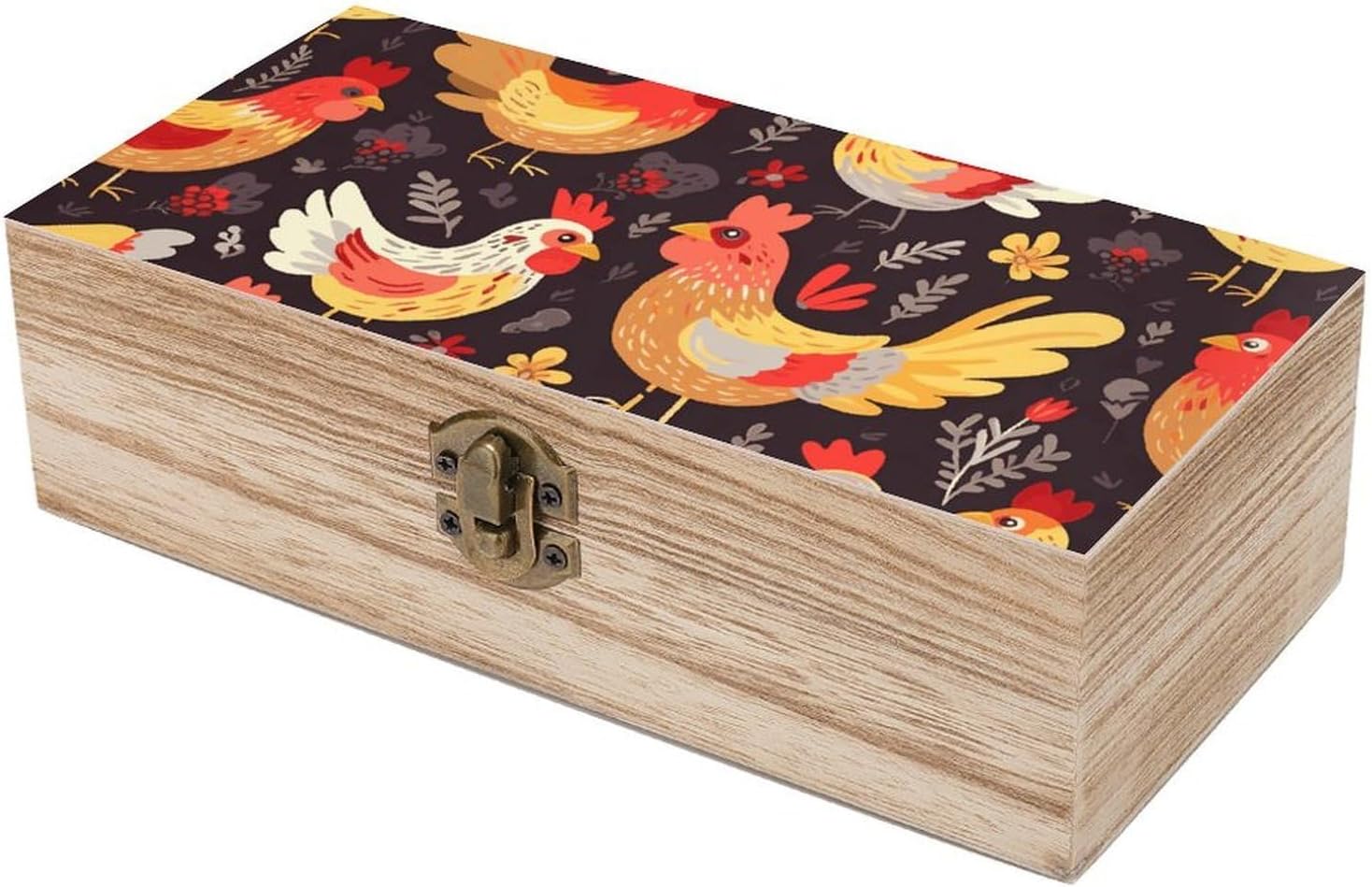 Cute Rooster Chickens Wooden Box with Hinged Lid, Wooden Treasure Chest Boxes for Home, Jewelry Wooden Storage Case for Women Men, Large Wooden Crates, 7.9'' X 3.9'' X2.3''