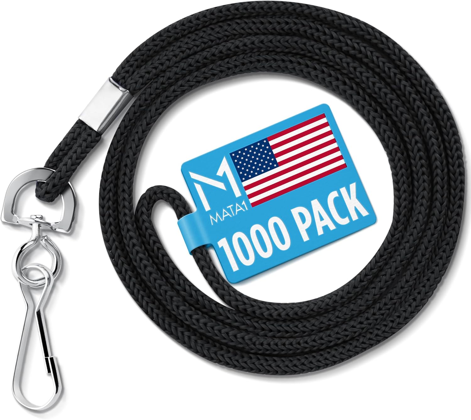 Mata1-USA Polypropylene Lanyards - 1000 Pack, Black - Economy ID Lanyards Bulk for Business Card, ID Card Holder for Employees and Students - Round 36" With Swivel Hook