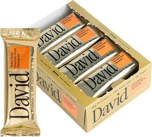 David High Protein Bars No Sugar - Sugar Free Protein Bars, Low Carb, Gluten Free - 28g of Protein, 150 Calories - David Bar On-The-Go Snack - Peanut Butter Chocolate Chunk Flavor, Pack of 12
