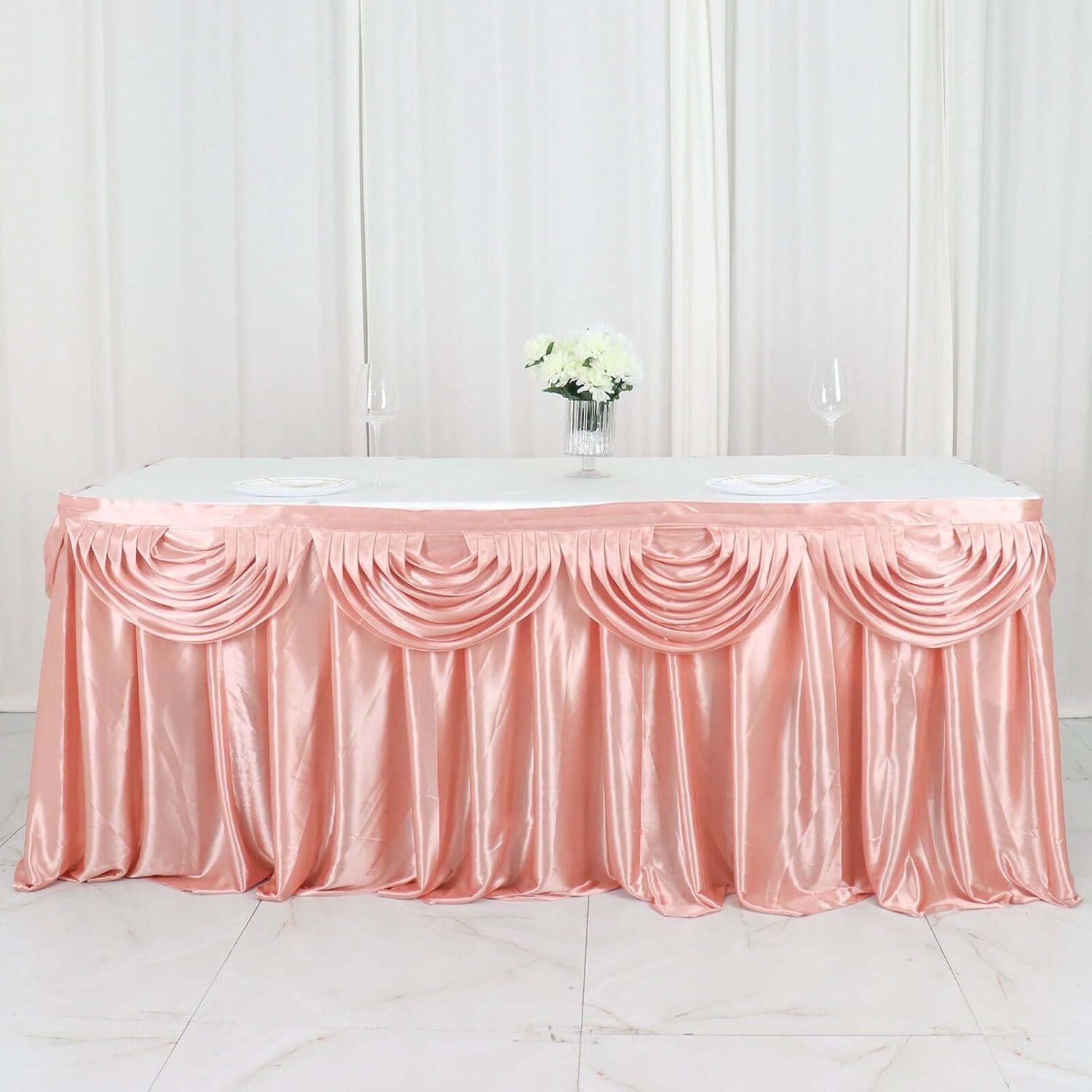 Efavormart Dusty Rose Satin Double Drape Table Skirt for Kitchen Dining Catering Wedding Birthday Party Decorations Events 14ft