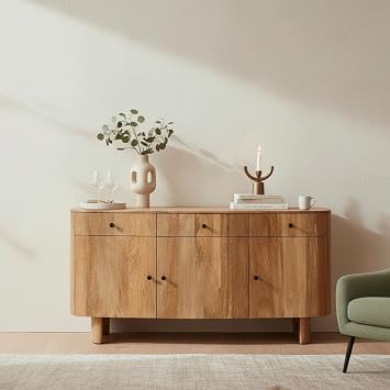 Solid Mango Wood Sindhu Sideboard with 3 Doors and 3 Drawers, Light Natural Finish, Rectangular Storage Cabinet for Living Room, Curved Legs, 150cm wide x 45cm deep x 75cm Tall