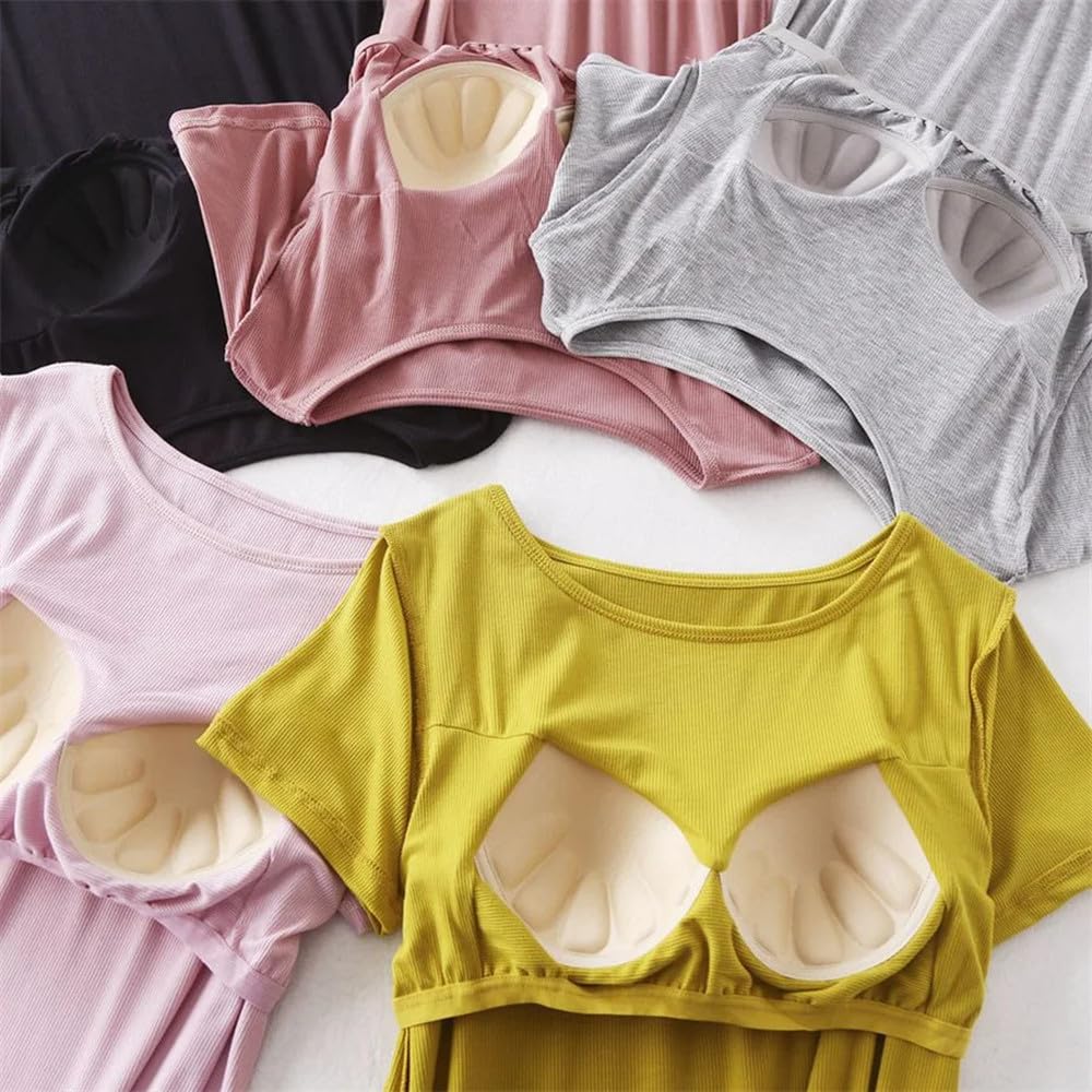 Camisón Para Mujer - Camisón De Modal De Manga Corta Para Mujer, Ropa De Dormir De Verano Con Cuello Redondo, Mini Camisón Con Almohadilla En El Pecho, Ropa De Dormir Informal Holgada Para El Hog