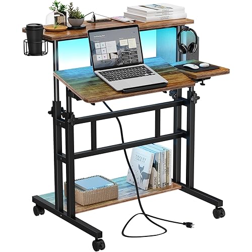 Dripex Mobile Standing Desk, Rolling Desk Adjustable Height with Power Outlets & Strip Lights Portable Computer Desk with Cup Holder, Hook, Small Standing Desk Drawing Desk