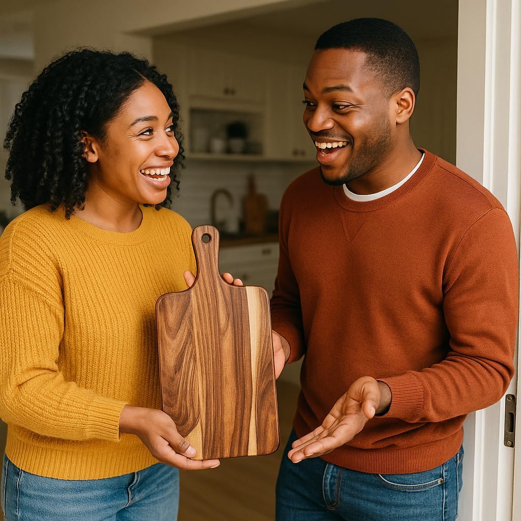 Charcuterie Board, Wood Serving Board/Small Wooden Cutting Board, Beginner & Kid Friendly- Durable with Grip Handle For Meat, Veggies, Cheeses and Fruit- House Warming Kitchen Gift/Gift for Foodies.