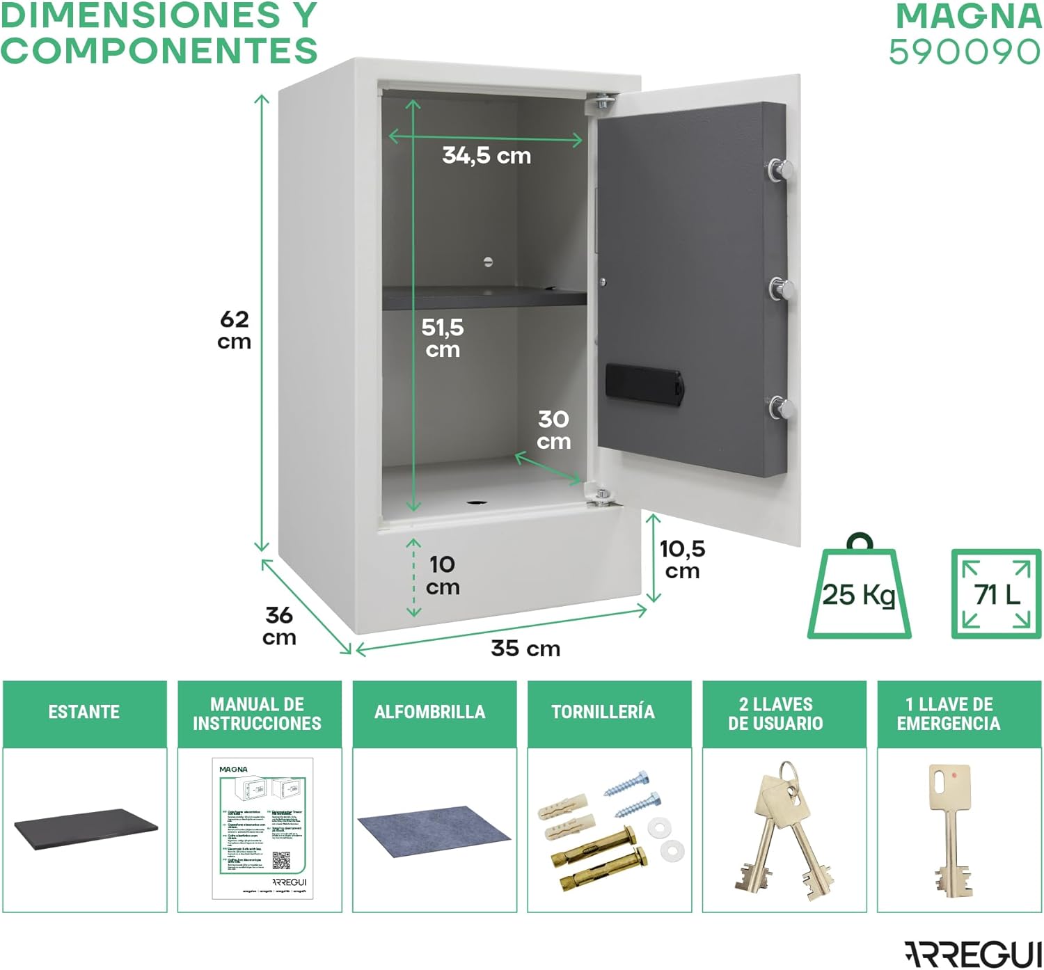 ARREGUI Magna 590090 Furniture Safe dimensions and anchoring points