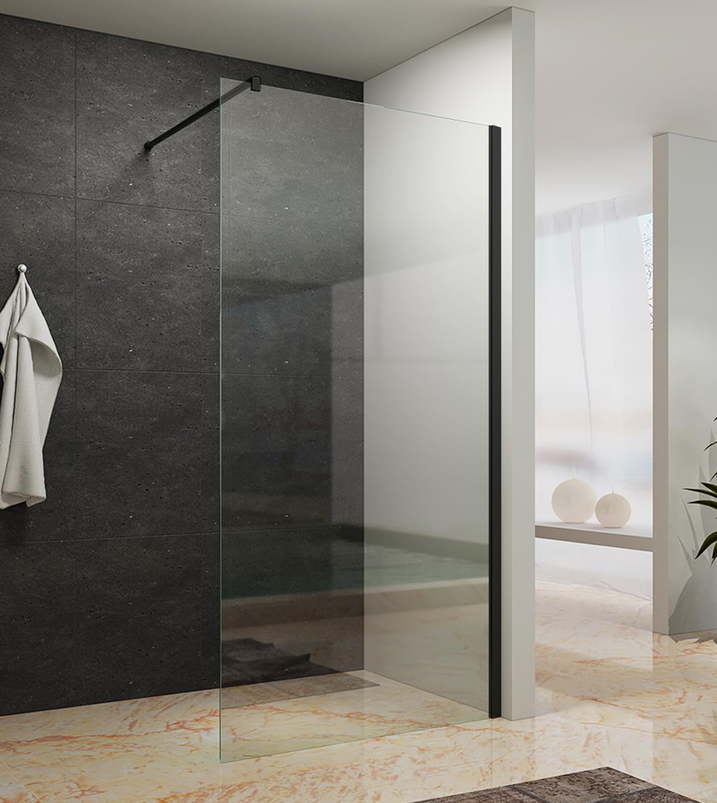AQUABATOS 100x200cm Walk In Dusche schwarz matt 10mm Klarglas mit Nano Beschichtung Duschwand Glas Duschabtrennung Duschtrennwand Glastrennwand Glaswand für Duschwanne mit 90° Stabilisator