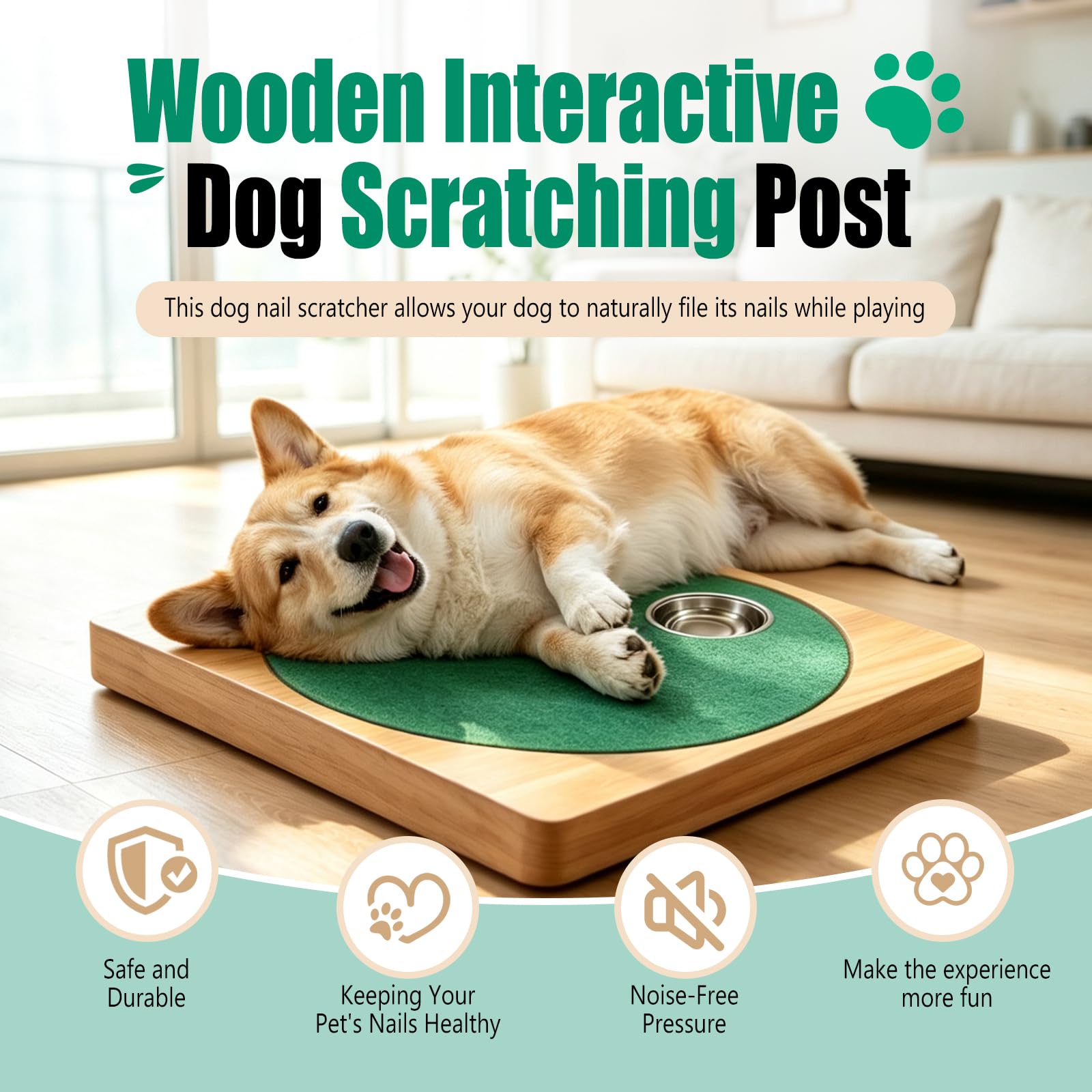 Planche à gratter pour griffes de chien à résistance réglable, avec 6 bols à friandises en acier inoxydable, planche à gratter 3 en 1 en bois pour les ongles, planche à gratter pour pattes pour un