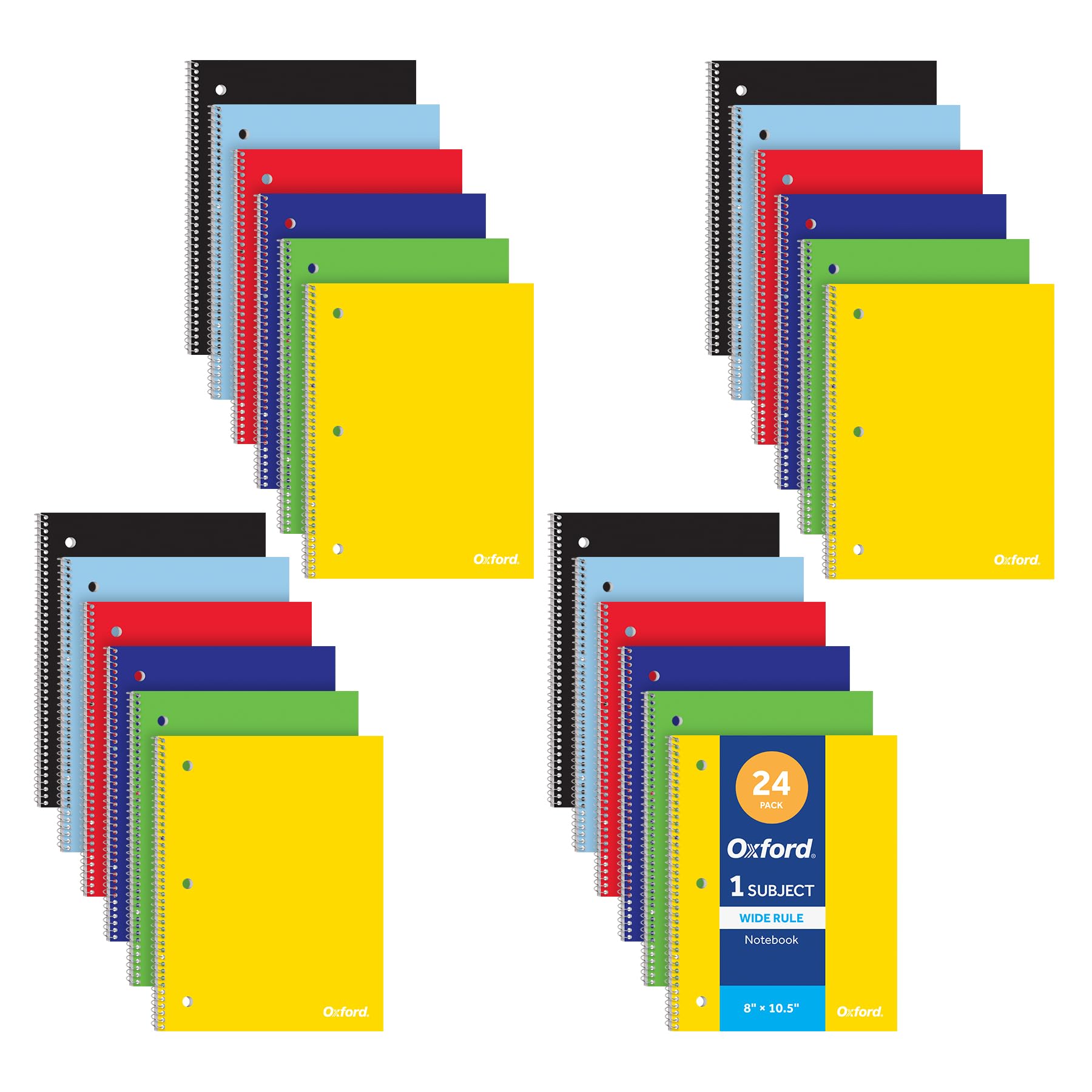 Oxford Cuadernos en espiral, paquete de 24, regla ancha, 70 hojas, 8 x 10.5 pulgadas, cubiertas primarias, páginas perforadas, 1 cuaderno de asignaturas con tabla de conversión para escuela, hogar y